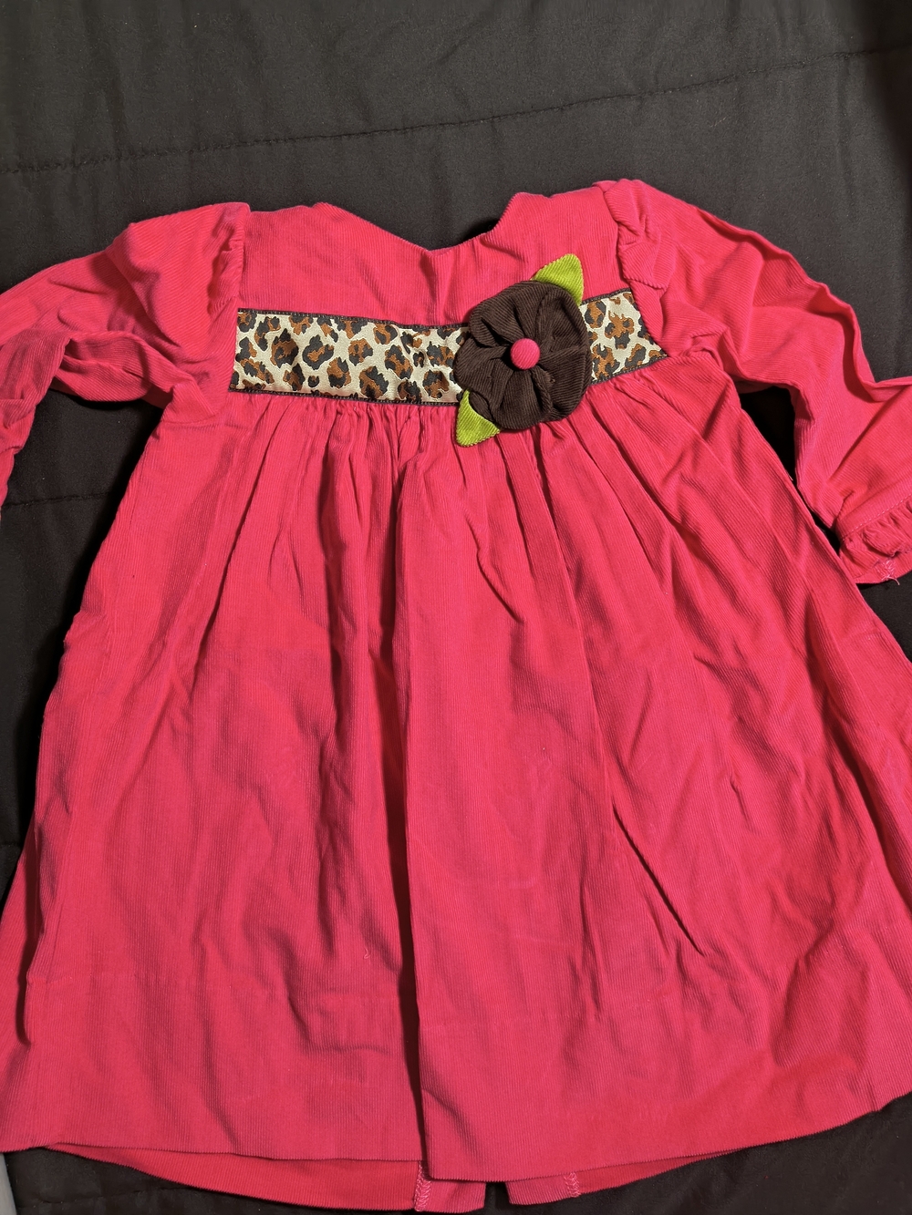 Toddler Girls Bright Pink Long-Sleeve Dress with Leopard Band and Flower